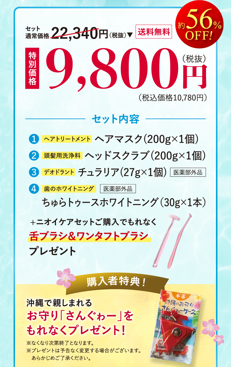 セット通常価格22,340円のところ、特別価格9,800円（税抜）送料無料　約56％OFF