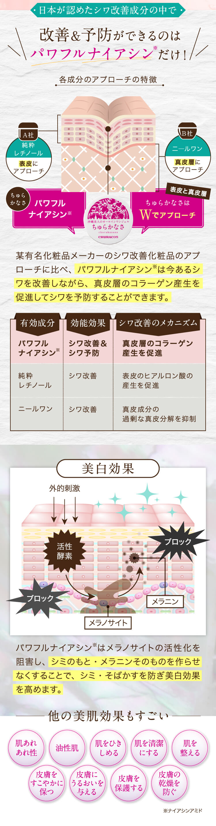 日本が認めたシワ改善成分の中で改善&予防ができるのはパワフルナイアシンだけ！