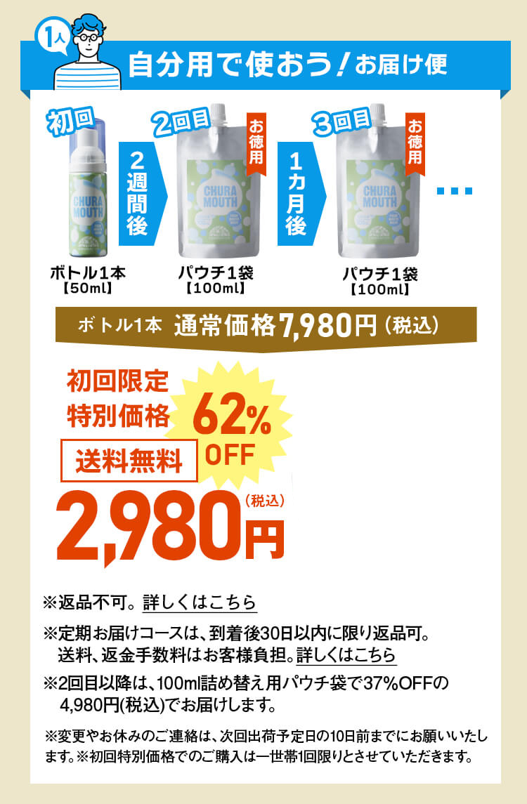 自分用で使おう!お届け便 初回限定特別価格 62%OFF 送料無料 2,980円(税込)