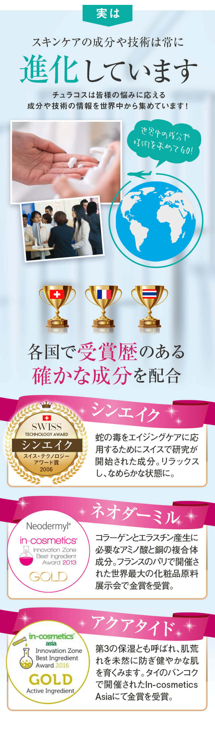 ネオ＊ちゅらびはだ　スキンケアの成分や技術は常に進化しています。各国で受賞歴のある確かな成分を配合！