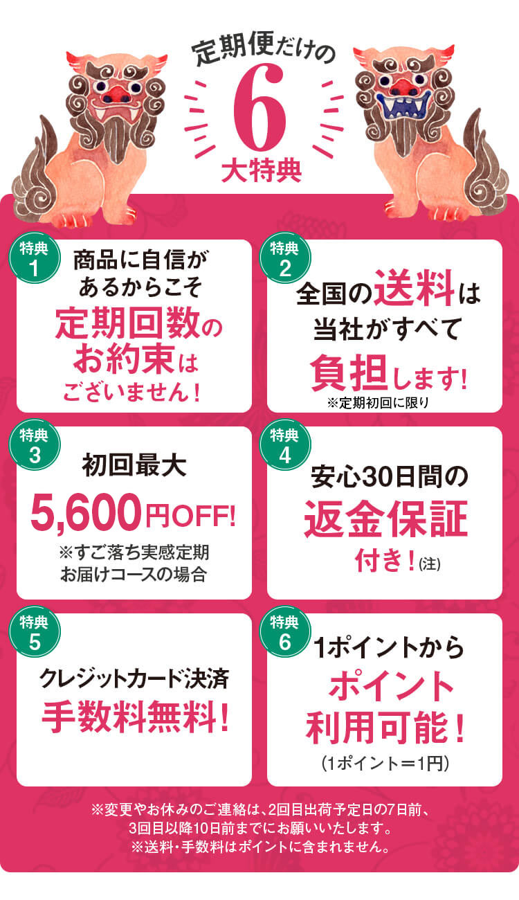 ネオ＊ちゅらびはだ　定期便だけの6大特典　【特典1】送料無料！　【特典2】初回最大75％OFF！　【特典3】続けるほど特別価格に！　【特典4】安心30日間の返金保証付き！　【特典5】クレジット決済は手数料無料+1000ポイント付き！　【特典6】隔月お届け時にプレゼント付き！