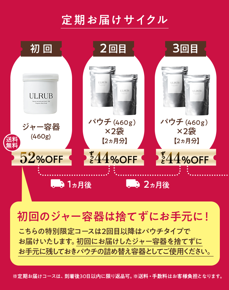 ULRUB ボディスクラブ 定期お届けサイクル　初回 泡立てネットプレゼント　ジャー容器（460ｇ）　初回のジャー容器は捨てずにお手元に！こちらの特別限定コースは2回目以降はパウチタイプでお届けいたします。初回にお届けのジャー容器を捨てずにお手元に残しておきパウチの詰め替え容器としてご使用ください。