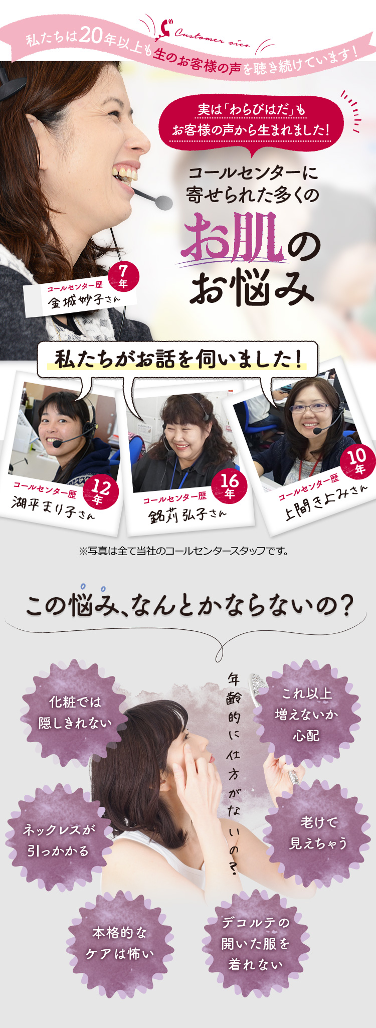 わらび肌　20年以上も生のお客様の声を聞き続けています！コールセンターに寄せられた多くのポツポツのお悩み